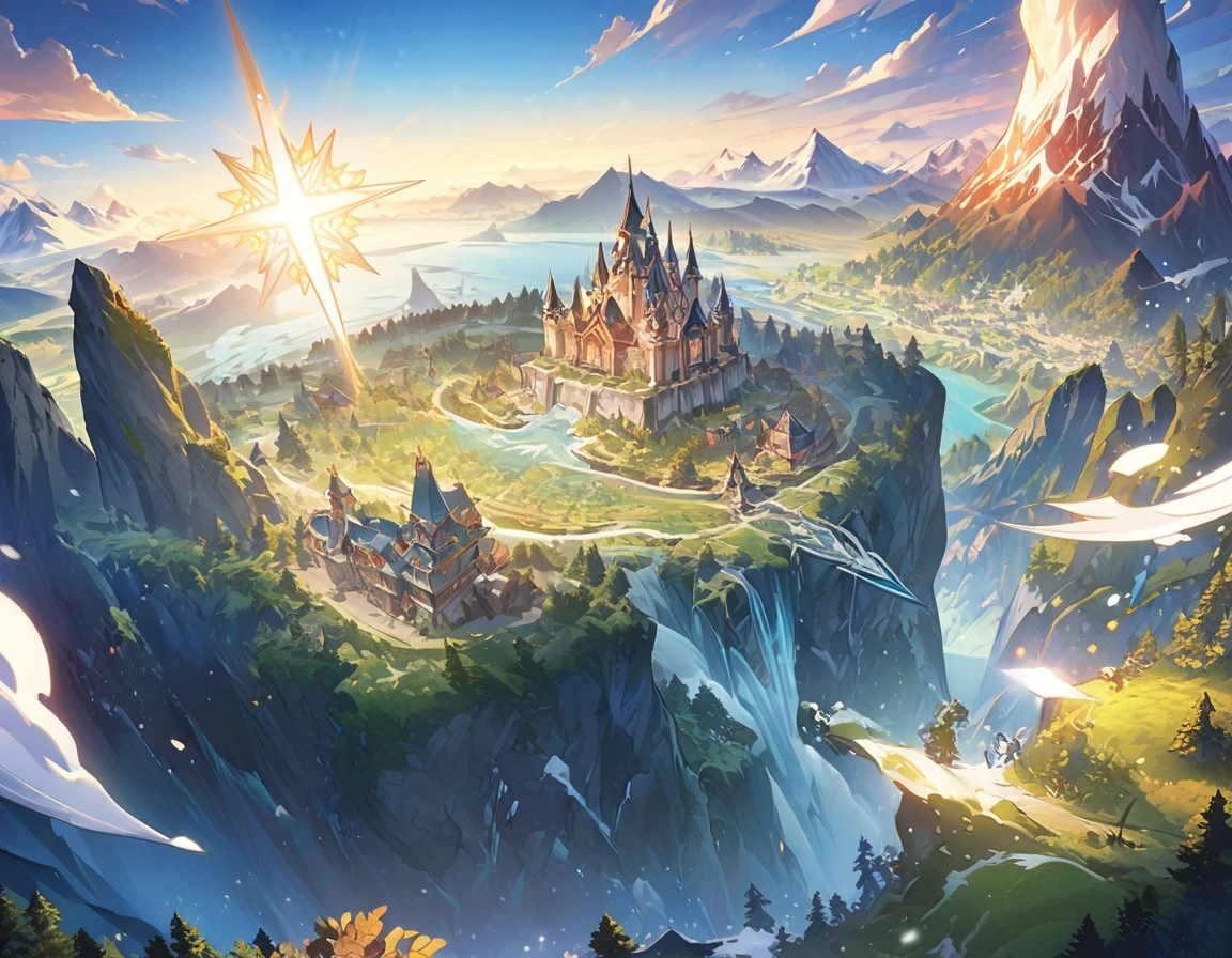 Animagine XL, anime, genshin, detailed illustration, dynamic angle, ultra-detailed, illustration, beautiful illustration, elegant illustration, great landscape, blue sky, giant shining star in the sky, marble castle, walls, sweeping plains, volcano, mountains, snowy mountains, dark swamp, green verdant forest, cliffs, ocean, armies, princess, 