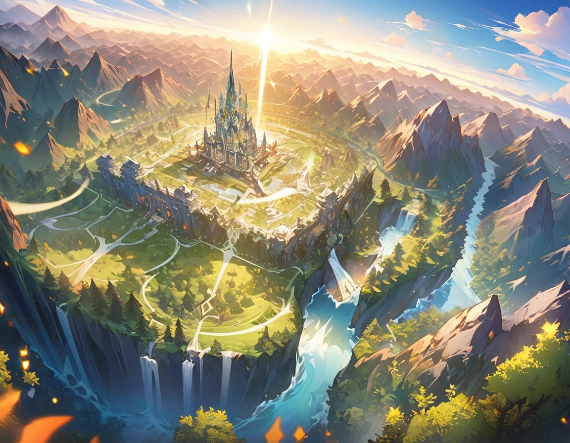 Animagine XL, anime, genshin, detailed illustration, dynamic angle, ultra-detailed, illustration, beautiful illustration, elegant illustration, great landscape, blue sky, giant shining star in the sky, marble castle, walls, sweeping plains, volcano, mountains, snowy mountains, dark swamp, green verdant forest, cliffs, ocean, armies, princess, 