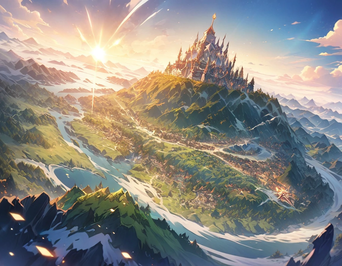 Animagine XL, anime, genshin, detailed illustration, dynamic angle, ultra-detailed, illustration, beautiful illustration, elegant illustration, great landscape, blue sky, giant shining star in the sky, marble castle, walls, sweeping plains, volcano, mountains, snowy mountains, dark swamp, green verdant forest, cliffs, ocean, armies, princess,