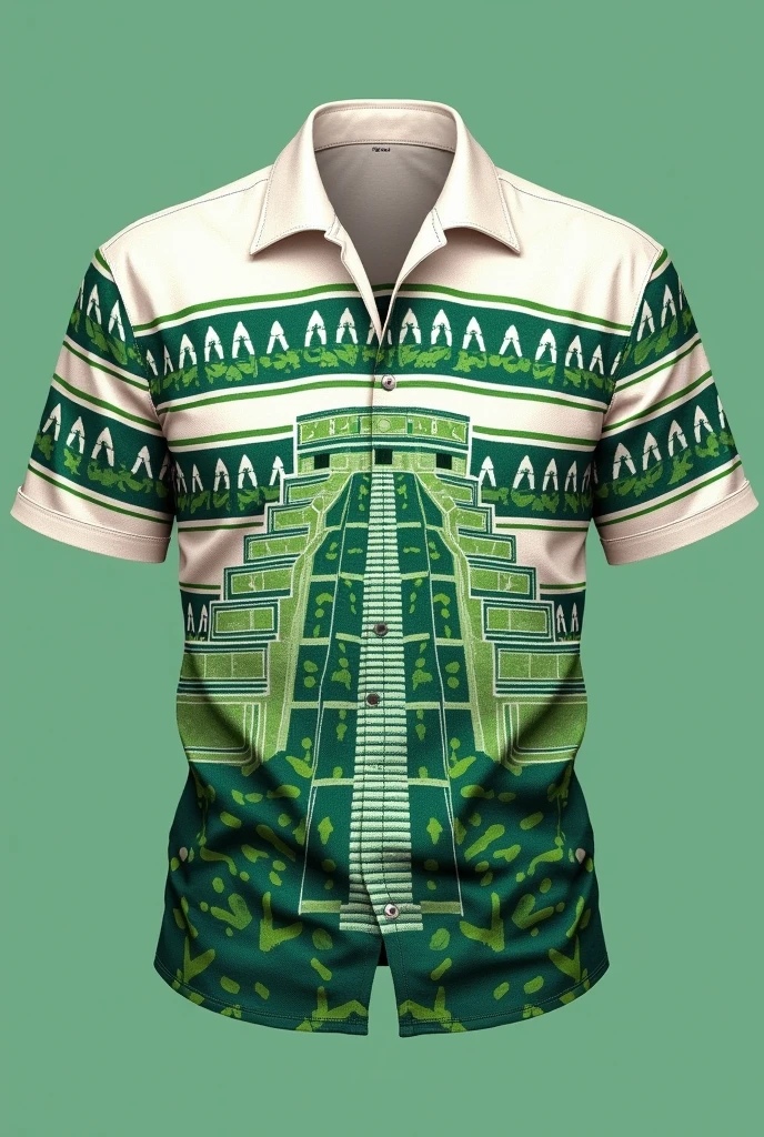 Generates the alternate Mexican shirt with white and green Chichen Nitza with stripes without a fixed pattern representing the Mayan culture