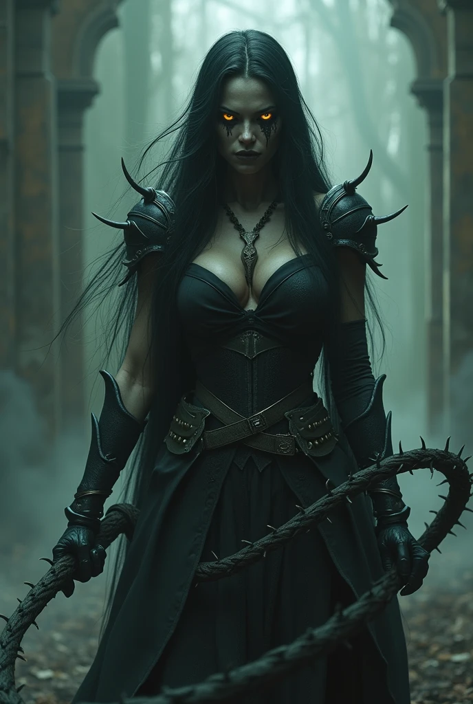 horror theme scenery, a pretty female, abstract style, sinister gold eyes cut through the darkness, barbed whip, armored, ashen skin, black evil looking streaks on eyes, grotesque, shallow, muted colors, intricate details, menacing expression, translucent, dark, spooky, surreal, photorealistic, realistic, masterpiece, best quality, High quality texture, detailed texture, ultra-detailed, 8K, HDR
