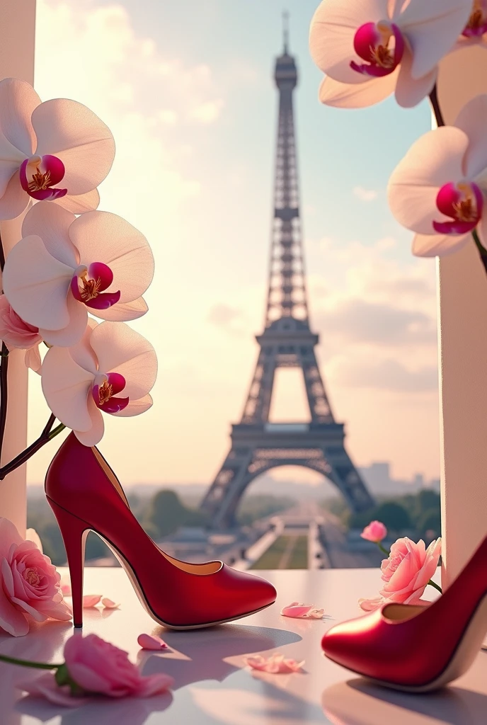 Create a picture with the Eiffel Tower with white orchid flowers in front and red heels in the corner