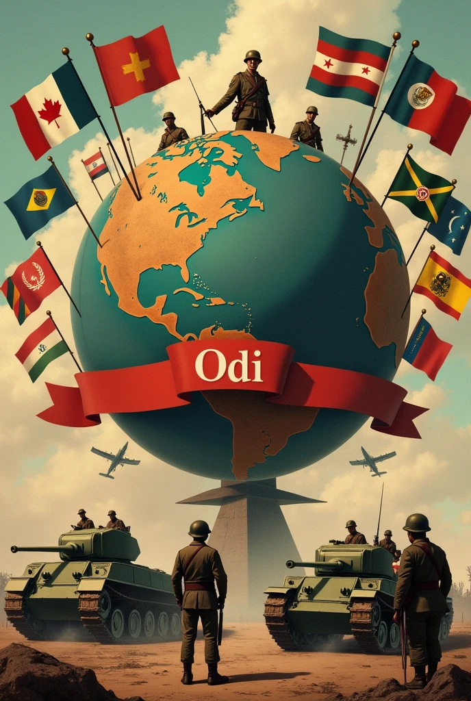 Orb with 10 flags of Latin countries around it,inside the globe soldiers of the First World War with weapons, armored tanks and bombers in front the name ODI inside a red ribbon