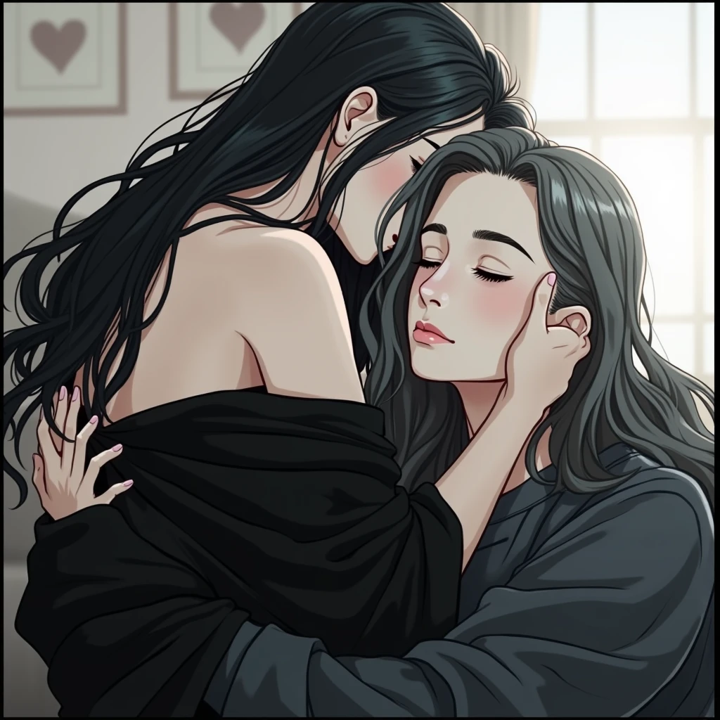 Two people hugging each other gently