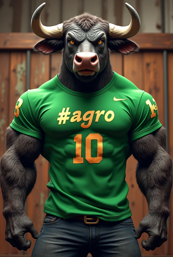 A bull sports mascot with a green t-shirt that says "#AGRO" with the number 10 and a corral background
