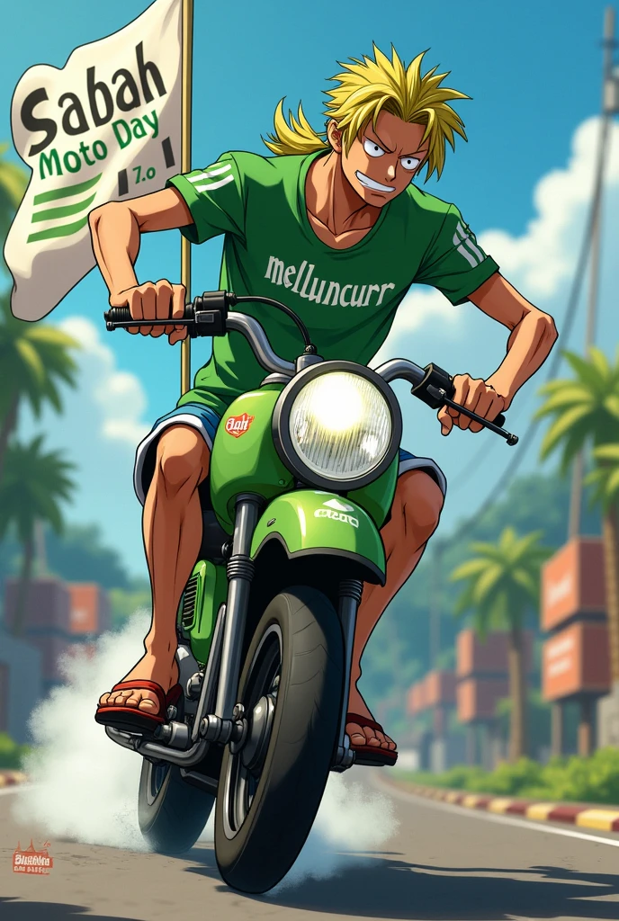 Anime One Piece Zoro is riding a moped , zoro mullet hairstyle , The color of his clothes is green , on the front of the shirt there is the word Meluncurr , Adidas clothing brand , bring a mini moped motorbike , raise right hand forward , palms open as if about to slide forward , carrying a banner that reads SABAH MOTO DAY 7.0