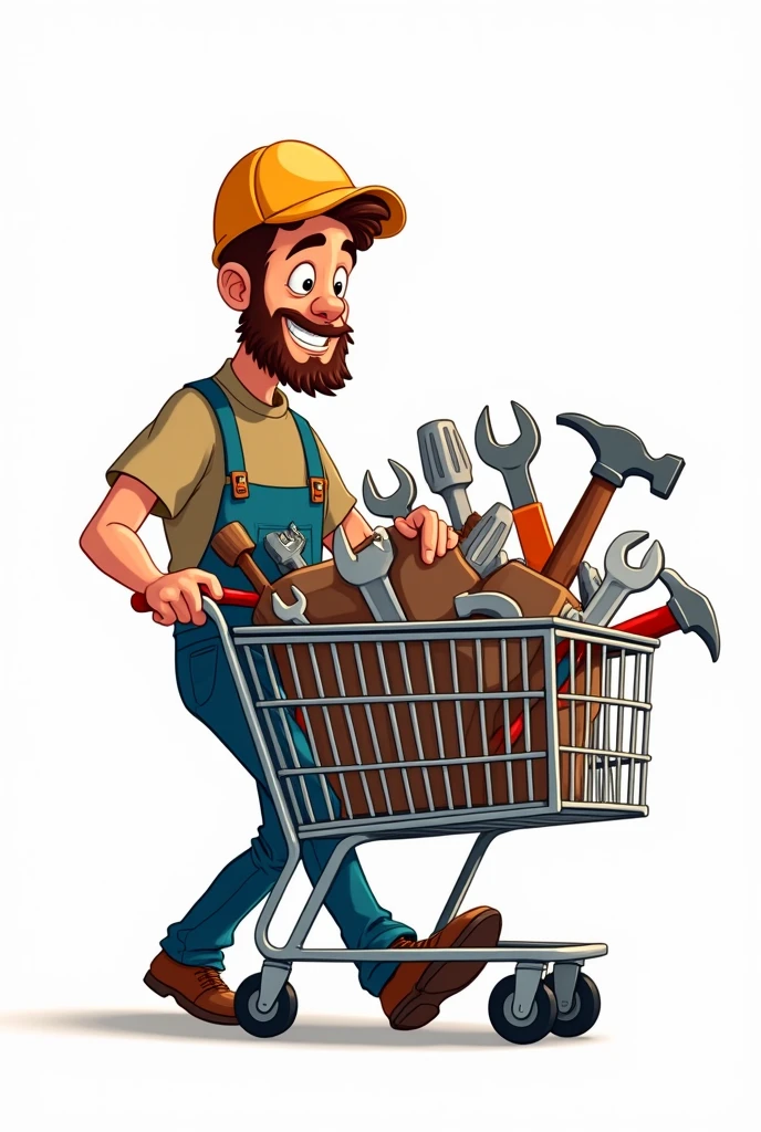 Animated man with his shopping cart full of tools on white background