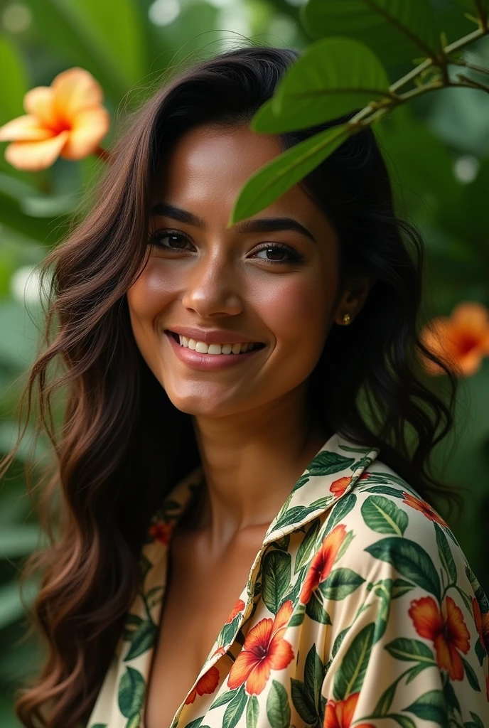 A Brazilian woman in a lush tropical garden, wearing an open shirt with a floral print, with a close-up capturing the harmonious beauty between her breasts and the natural flowers, showing off your natural charm and outgoing personality.