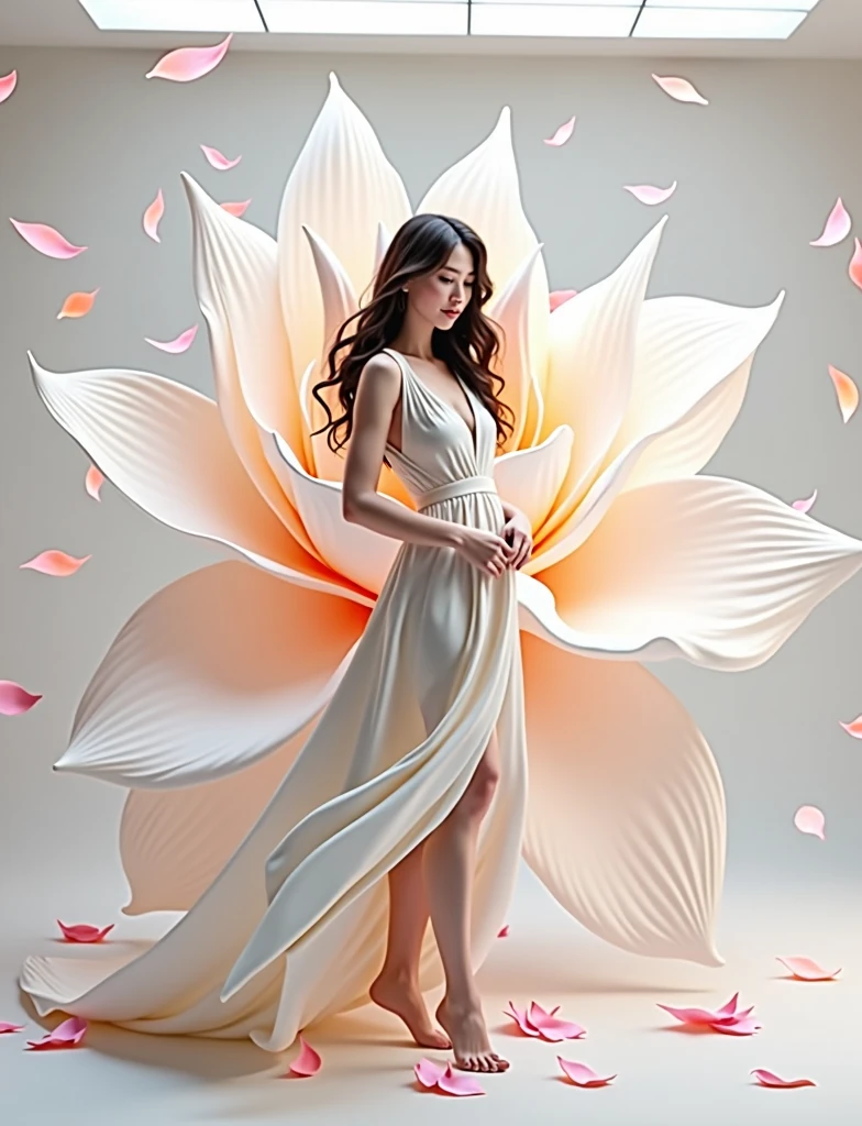 very big flower in background model marge with background some flower leaf comming on model , leaf flowting in air . 