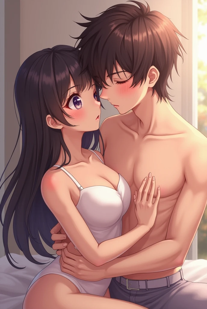 An anime realistic girl ,k , cute, doing sex with a boy, full photo, without clothes