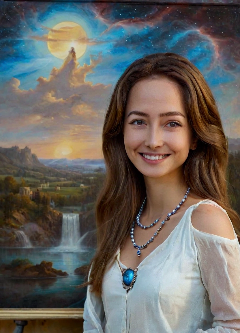 Portrait of a beautiful woman, well dressed outdoors, with flowing, shiny hair, face of a goddess smiling at the camera, in the background landscape as in the painting of the Mona Lisa, well defined skin, a blue pearl necklace,no cleavage, no nudity, detail in 8k high definition, realistic image in high resolution, blend of magic and energy in color tones of the Pillars of Creation Nebula, I don&#39;t want another Human.