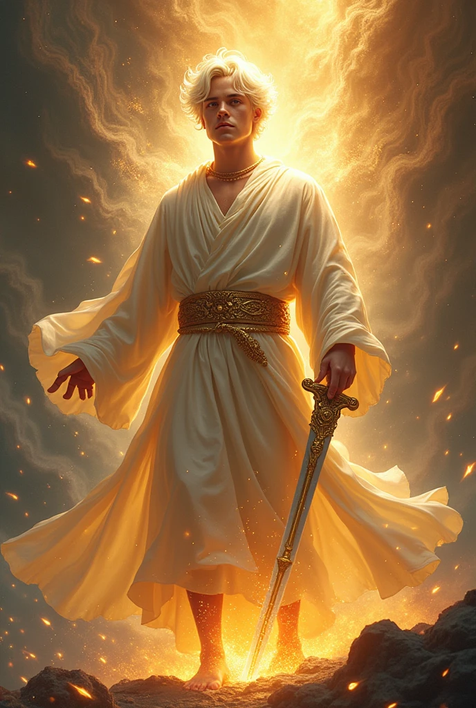 Young Man, clothed with a robe which reached to His feet and with a girdle of gold about His chest,His head and His hair were white like bright white wool, and His eyes [flashed] like a flame of fire,
His feet glowed like burnished (bright) bronze as it is refined in a furnace,In His right hand He held seven stars, and from His mouth there came forth a sharp two-edged sword, and His face was like the sun shining in full power at midday