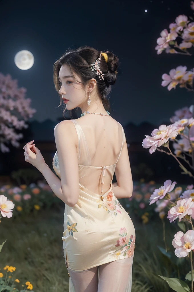 (((best quality))),(((ultra detailed))),(((masterpiece))),illustration,((1 girl,solo)),(neat chignon:1.2),(beautiful face:1.3),((earrings,crystal necklace)),((slim,thin)),((bare back,towering hips,butt crack)),(stockings:1.3),(a moon in the clear night sky as the background:1.3), gentle glow,(Standing in the world full of vibrant flowers:1.3),(gorgeous sheer Chinese dress:1.3),sparkling eyes,graceful,(surrounded by crowded colorful flowers:1.5), kaleidoscope, shimmer,bright moonlight, delicate petals, fragrance, otherworldly, magical realm, enchantment, tranquility, essence of beauty, peace,(outdoor:1.2),(night scene:1.3),((from back,upper body))