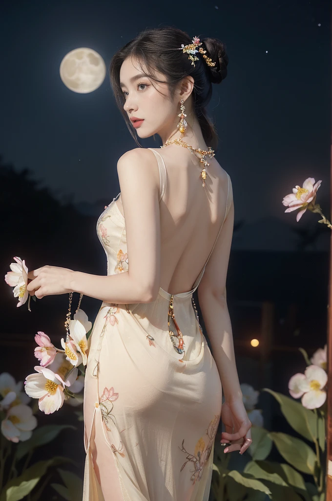 (((best quality))),(((ultra detailed))),(((masterpiece))),illustration,((1 girl,solo)),(neat chignon:1.2),(beautiful face:1.3),((earrings,crystal necklace)),((slim,thin)),((bare back,towering hips,butt crack)),(stockings:1.3),(a moon in the clear night sky as the background:1.3), gentle glow,(Standing in the world full of vibrant flowers:1.3),(gorgeous sheer Chinese dress:1.3),sparkling eyes,graceful,(surrounded by crowded colorful flowers:1.5), kaleidoscope, shimmer,bright moonlight, delicate petals, fragrance, otherworldly, magical realm, enchantment, tranquility, essence of beauty, peace,(outdoor:1.2),(night scene:1.3),((from back,upper body))
