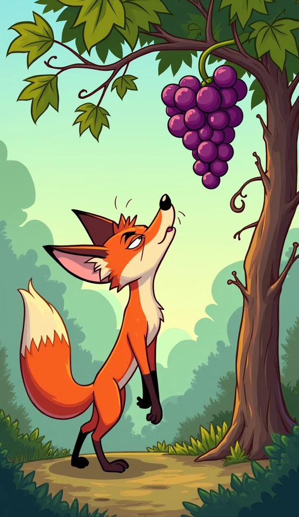 The fox tries again and again, each time failing to grab the grapes. He starts to look tired and frustrated.
Make as a cartoon