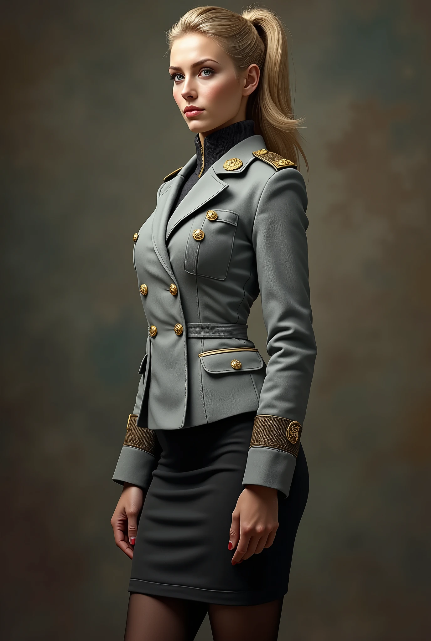 (Best quality, 4K, high resolution, masterpiece, ultra-detailed, realistic anatomy, photo-realistic:1.37), araffe attractive young woman, senior military officer, (wearing Prussian Hussar uniform), (light gray double breasted blazer jacket), (black pencil skirt), Prussian Deaths Head cap, black stocking, heel boots, blonde hair, high ponytail hair style, standing confidently, This full-body portrait captures her strength and authority, with sharp focus on her uniform's details and her commanding gaze, The image evokes an aura of discipline and respect, set against a military backdrop,
