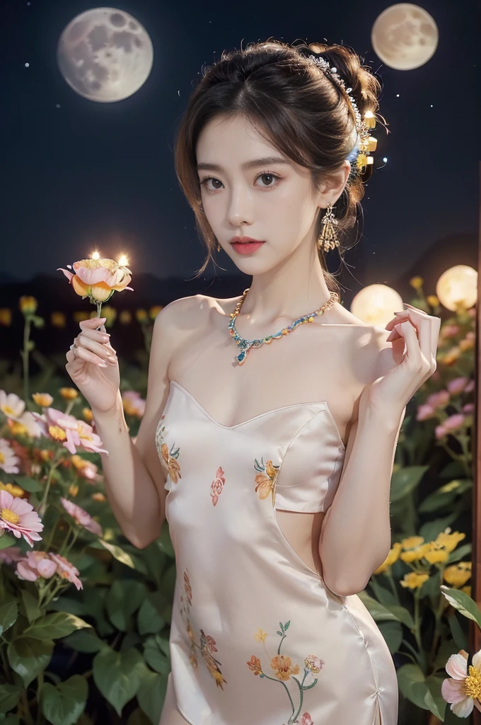 (((best quality))),(((ultra detailed))),(((masterpiece))),illustration,((1 beautiful girl,solo)),(neat chignon:1.2),((earrings,crystal necklace)),((slim,thin)),((small breasts,flat chest)),(slender legs:1.2),(stockings:1.3),(a moon in the clear night sky as the background:1.3), gentle glow,(Standing in the world full of vibrant flowers:1.3),(gorgeous Chinese dress:1.3),sparkling eyes,graceful,(surrounded by crowded colorful flowers:1.5), kaleidoscope, shimmer,bright moonlight, delicate petals, fragrance, otherworldly, magical realm, enchantment, tranquility, essence of beauty, peace,(outdoor:1.),(night scene:1.3),((from front,upper body))