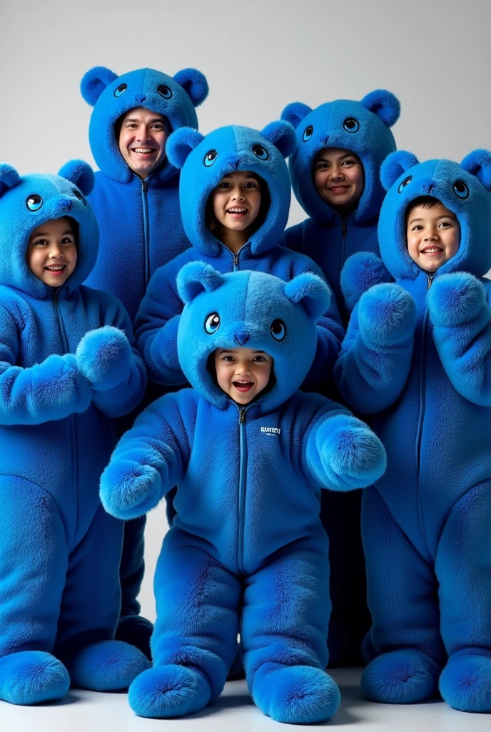 Several people in a stuffed animal suit (royal blue) which represents a company called: Credifast. Making various poses for some photographs.