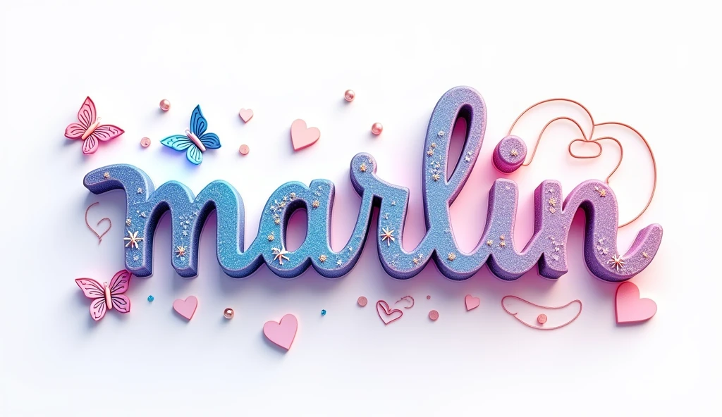 A vibrant and colorful 3D render of the word "Marlin.Caligraphy font The letters are adorned with sparkling embellishments glossy and are in varying shades of  blue and pink. The design is further embellished with decorative elements like butterflies, hearts, and swirls. The word "Jiali" is positioned centrally, with the butterflies and hearts surrounding it, giving it a whimsical and feminine feel. The background is a white color