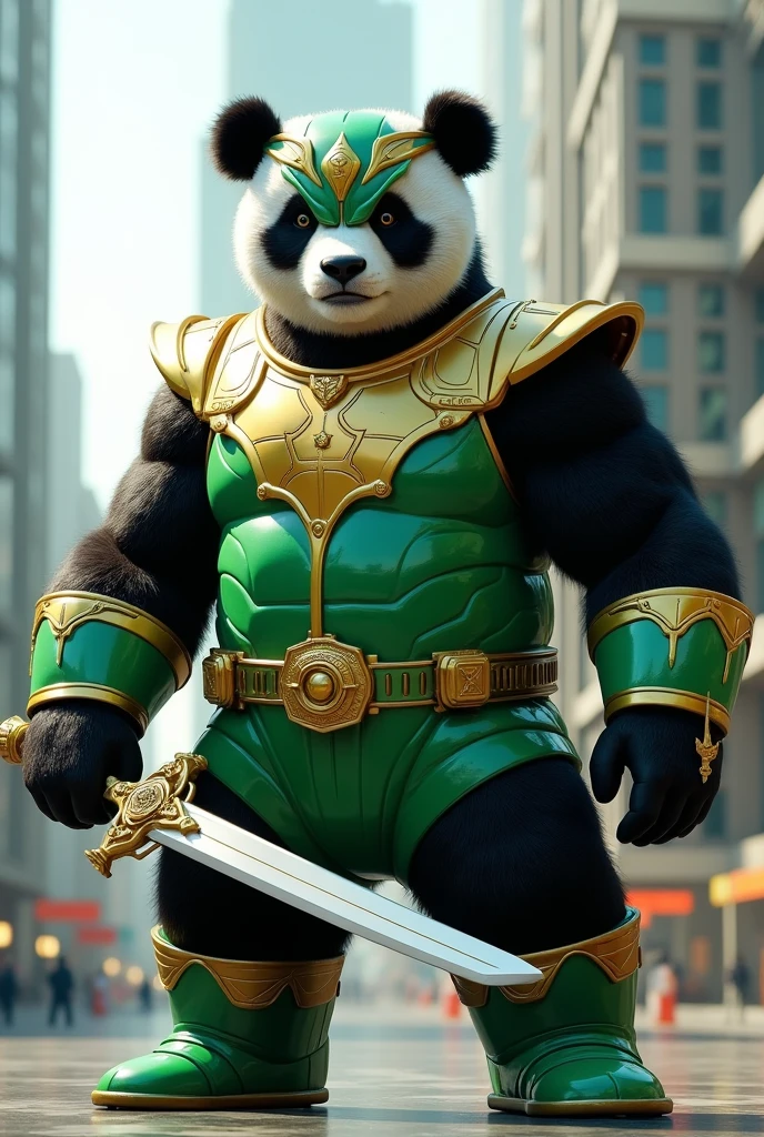 A Giant Panda dressed as the Green Power Ranger holding the Power Ranger Helmet and sword and wearing the golden vest