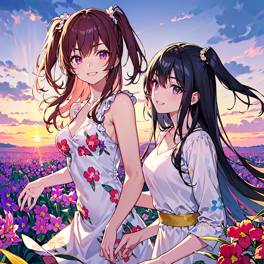masterpiece, best quality, high quality, extremely detailed, very delicate and beautiful, (1female 18years old Adult alone solo:1.5) , (two-side up long black hair:1.5), bangs to eyebrows, eyes (eyes sharp, strong, glossy, glossy eyebrows), (eye color magenta:1.3), 6.5 head height, (summer dress with canna print:1.3), knee socks,ruffles, (smiling), (walking:1.3), (dynamic pose), (upper body:1.3),(background canna flower field:1.3) , (sunset:1.3)
