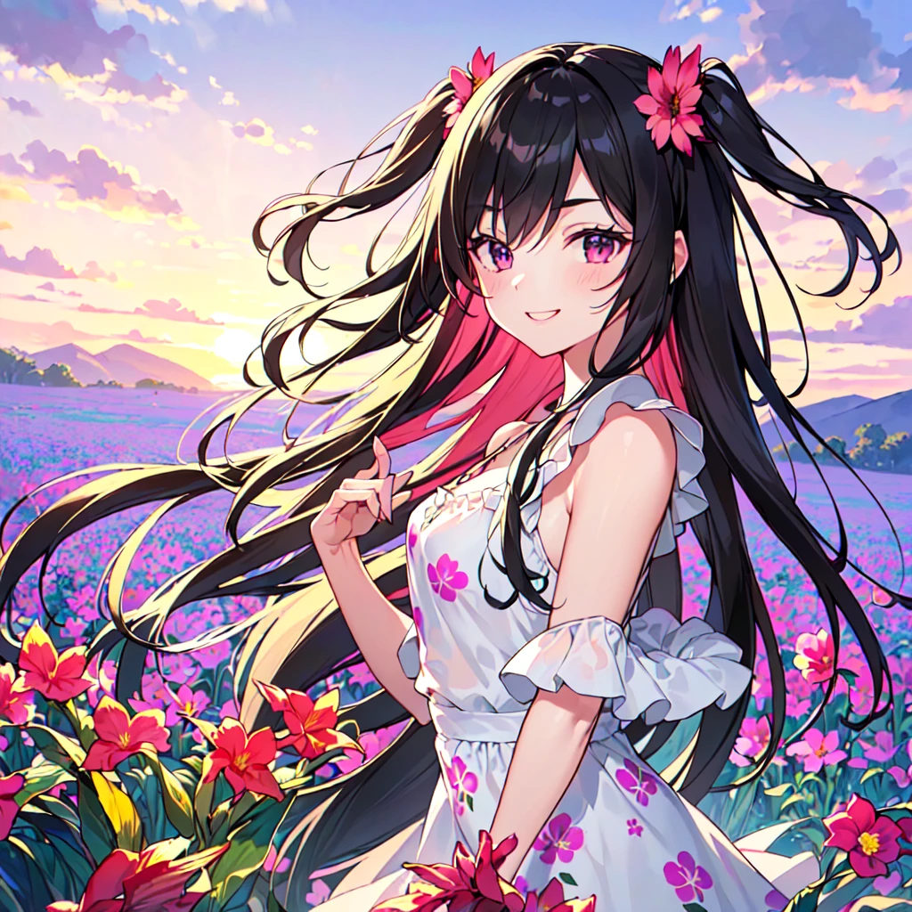 masterpiece, best quality, high quality, extremely detailed, very delicate and beautiful, (1female 18years old Adult alone solo:1.5) , (two-side up long black hair:1.5), bangs to eyebrows, eyes (eyes sharp, strong, glossy, glossy eyebrows), (eye color magenta:1.3), 6.5 head height, (summer dress with canna print:1.3), knee socks,ruffles, (smiling), (walking:1.3), (dynamic pose), (upper body:1.3),(background canna flower field:1.3) , (sunset:1.3)