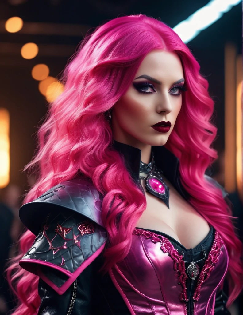 Very attractive 2 caucasian female with long wavy bright pink hair, hyperrealistic and heavy detailed modern vampiric (runway show) of a sexy sorceress, wearing armored clothing crazy fashion alternate costume, detailed face, real, atmospheric, sharp, 8k, high textured, maximalist, atmospheric, raytracing, real life, ((colorful))