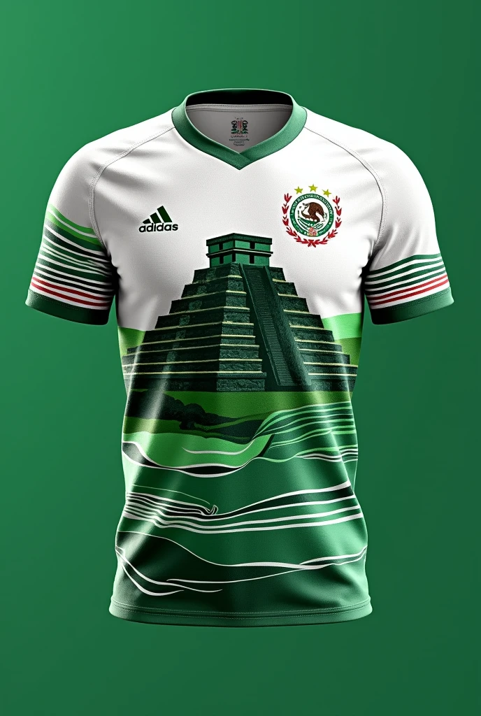 Generates the alternate Mexican soccer shirt with the Chichen Nitza monument in white and green with stripes without a fixed pattern representing the Mayan culture