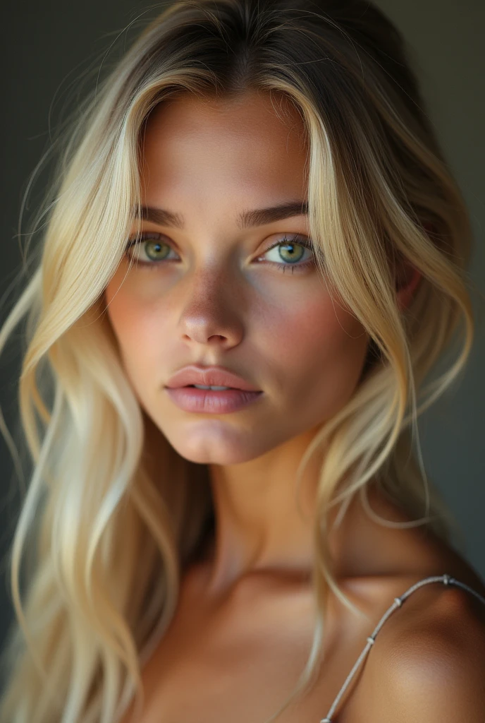 pretty girl naked, of 18 years, with long blonde hair, green eyes