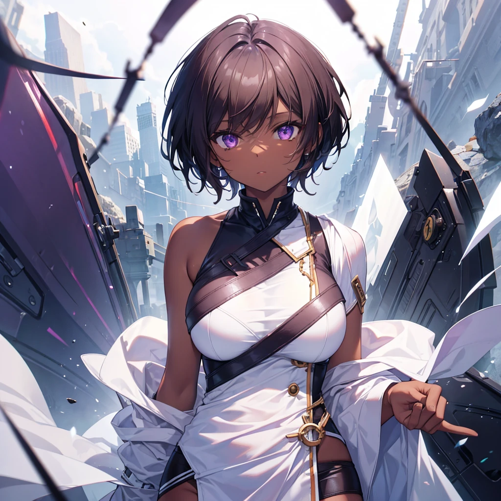 one person, short hair, bionde, Darkbrown Skin, High resolution, Purple eyes, Large Breasts,Lots of white space,