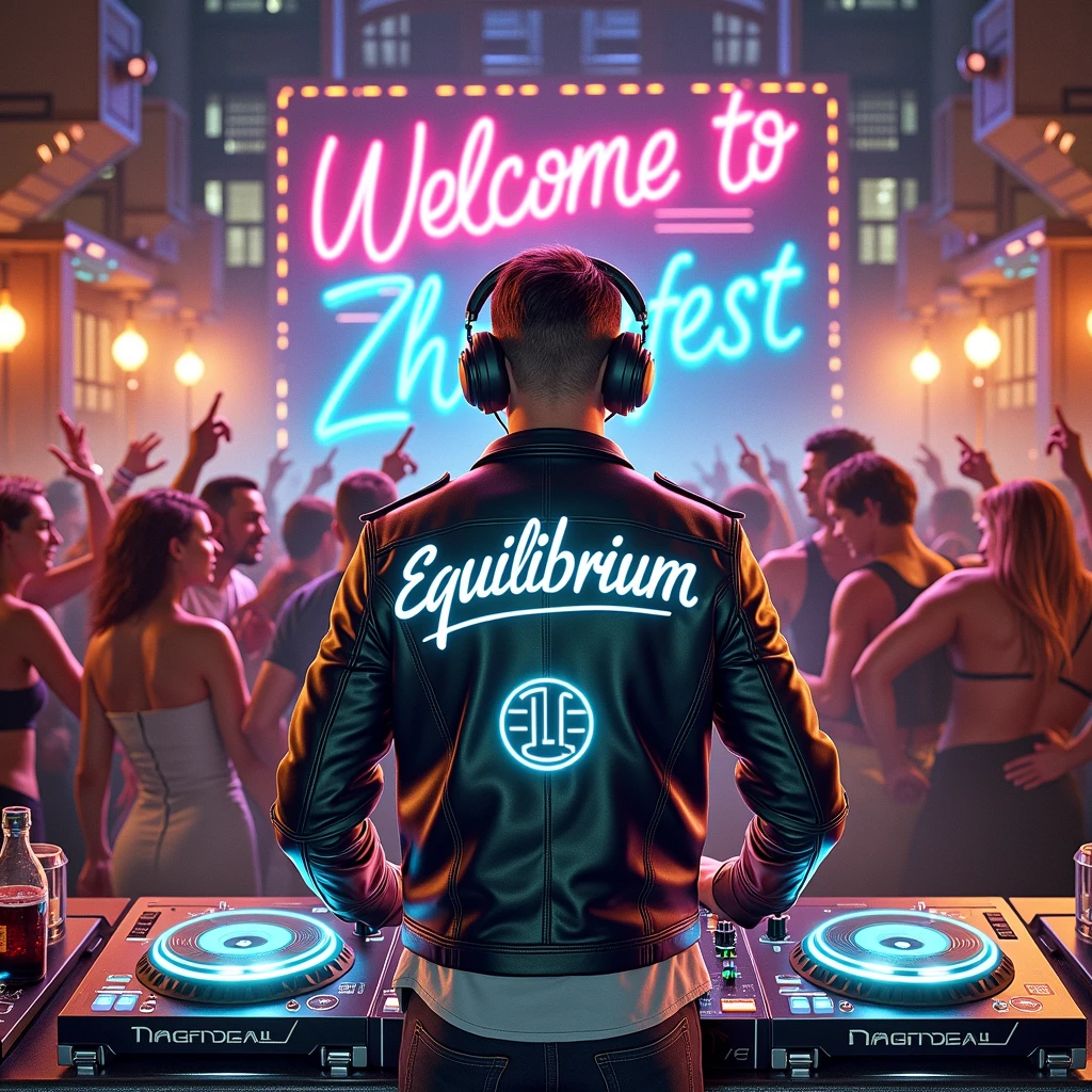 Hyperrealistic photography with a very wide view of the event, where you see a DJ watching the party from his console with his headphones on , The DJ is wearing a "black leather jacket that on the back literally says "DJ EQUILIBRIUM") and beautiful and well-dressed people at the techno party, (It has a blue neon sign that says "WELCOME TO ZHERPAFEST"), Some have their drinks in their hands, They are dancing