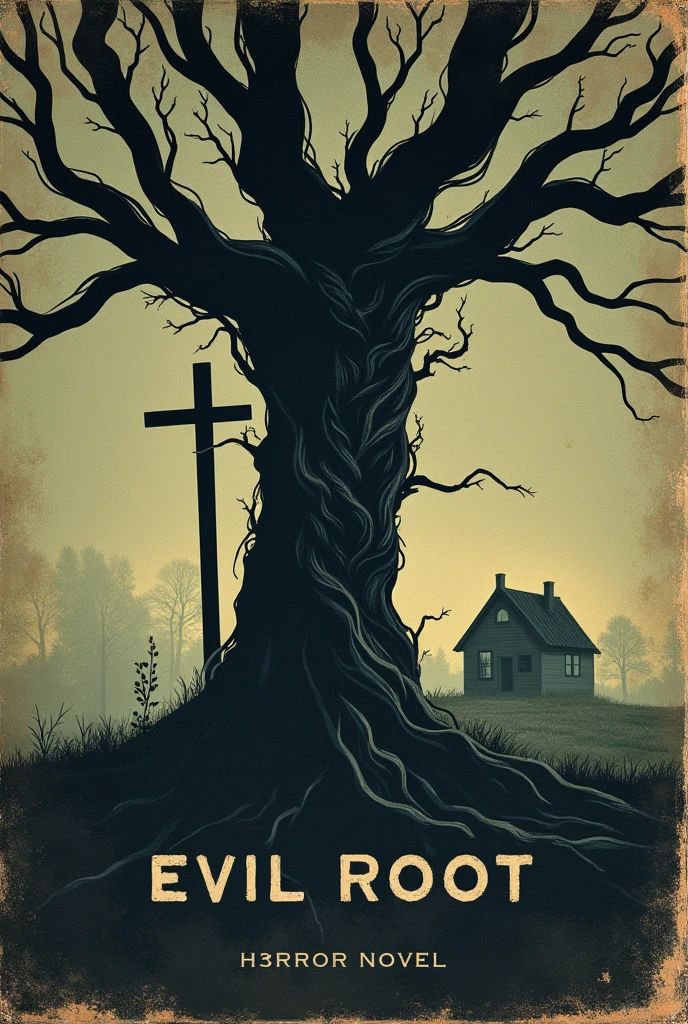 Create a cover for my book which is about horror ,His name is evil root. There has to be a tree, the name evil root and an inverted cross, but make a vintage image and make it a little minimalist, but make it more terrifying. Make it more realistic and less like the name evil root and have a little house nearby, but with the appearance of an old cover and with the name evil root in the middle and with a very haunted appearance, a little more realistic, with the cross stuck in the trunk of the tree with nothing written underneath.