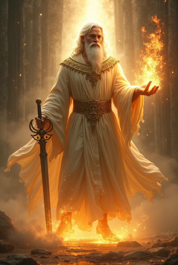 Young Man with beard, clothed with a robe which reached to His feet and with a girdle of gold about His chest,His head and His hair were white like bright white wool, and His eyes [flashed] like a flame of fire,
His feet glowed like burnished (bright) bronze as it is refined in a furnace,In His right hand He held seven stars, and from His mouth there came forth a sharp two-edged sword, and His face was like the sun shining in full power at midday