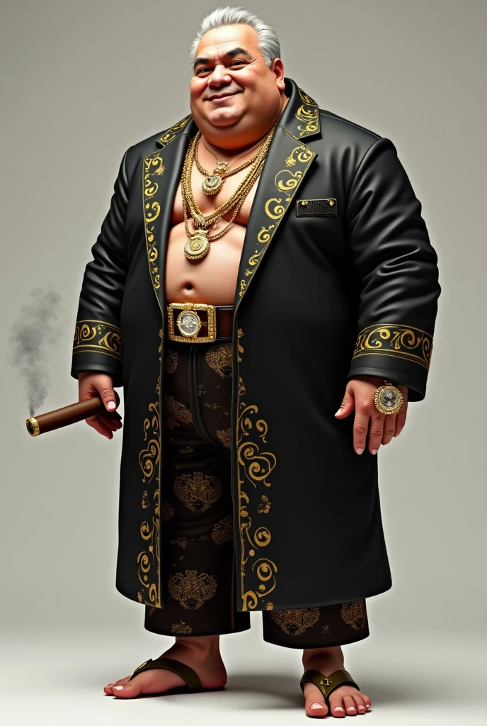 ((best quality,4k,highres,masterpiece:1.2)),((character concept art)), 1 male, elderly Asian man, millionaire, crime boss, ((balding, grey hair)), overweight, evil intentions, smirking confidently, ((intricate detail)), super finely detailed hands, ultra finely detailed fingers(((ten fingers))), wearing Versace I ♡ Baroque Bathrobe in red, gold chains, diamond encrusted watch, smoking a fat cigar, (standing casually), (full body showcase), (show full body), (no logos on background), (no logo), ((plain background)), ((plain background)), (((empty background)))
