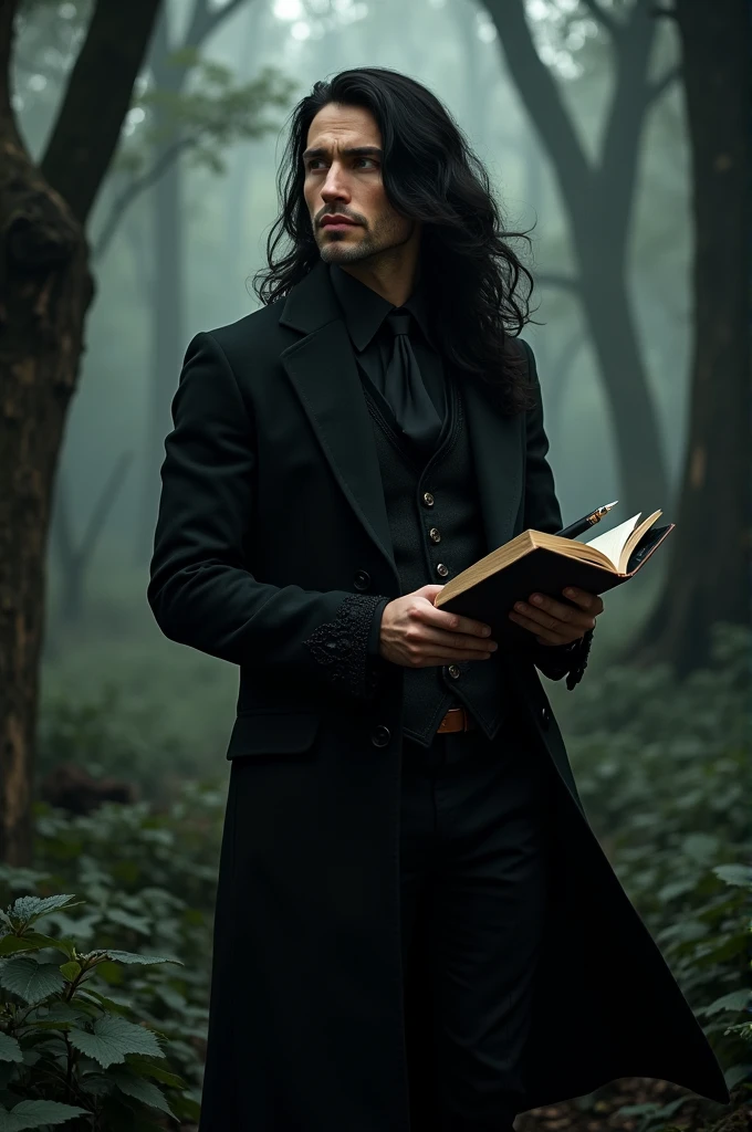caucasian man, flowing black hair, elegant black clothes, dark forest behind, holding a book and a pen.