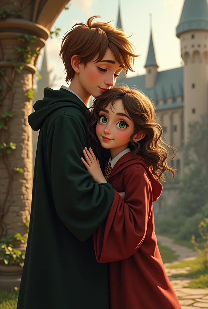 Please make a curly haired girl with green eyes, brunette with a Hogwarts robe next to a boy taller than her who had light brown hair with dark brown eyes, with Jan in Hogwarts robes hugging