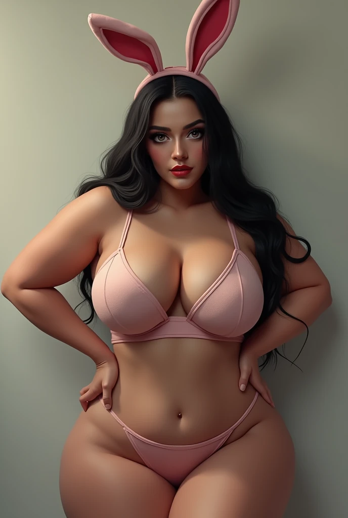 woman, long straight black hair, big bust, wide hips, headband with bunny ears, sexy bunny dress, sexy pose, looking at the camera, photorealistic