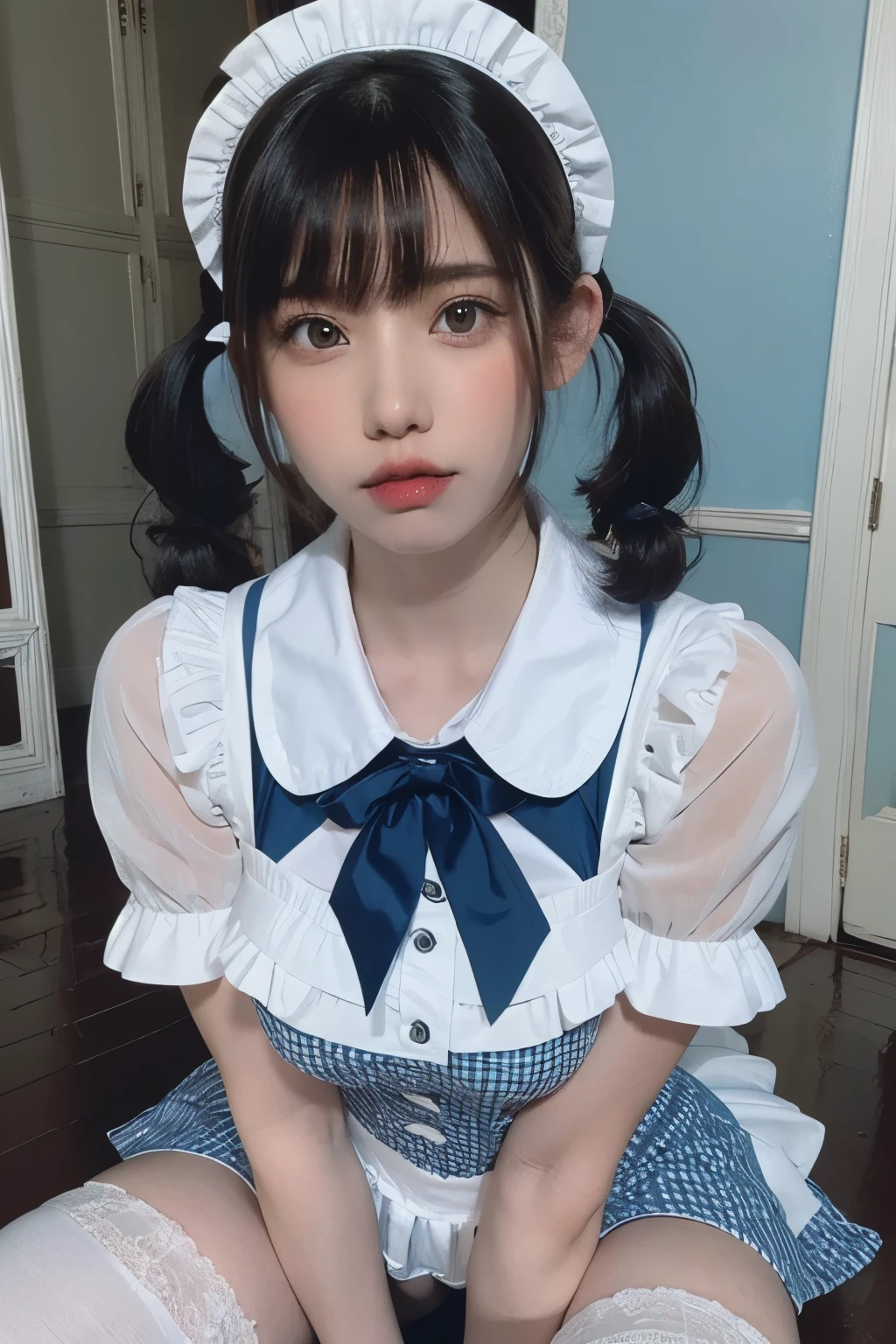 RAW photo, 8k, (best quality), realistic, I create an image of a young woman dressed as a maid wearing a blue and white checkered outfit and white stockings. Upper body, face close-up, she is sitting and squatting in a corner with a pink wall. She has long black hair styled in twin tails with bangs and wears a blue maid headband with lace trim. The overall atmosphere is soft and pastel in color.