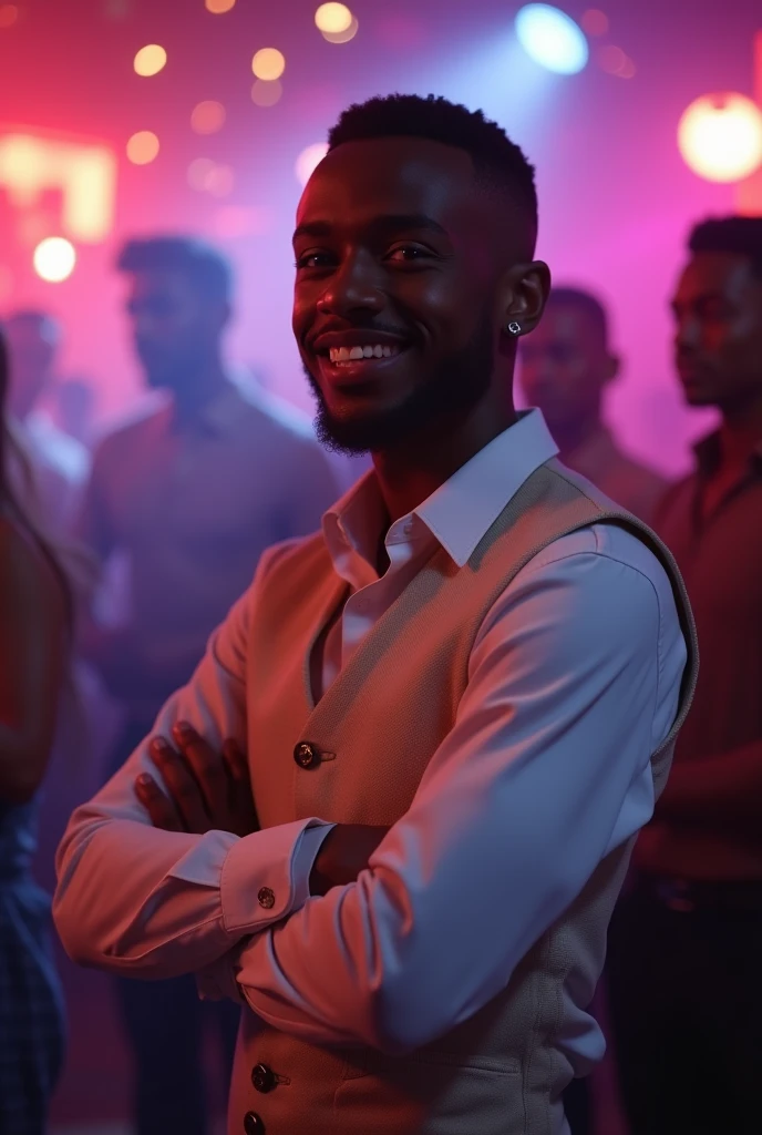 best qualityer:1.4), (ultra high resolution:1.2), (photorrealistic:1.4), (8k, CRU photo:1.2), a thin young man of 20 years old, skin black, with a smooth, beardless face, corte de cabelo buzzcut. He is shown enjoying a party scene. He wears a white dress shirt, a matching vest and tie. She is wearing earrings in both ears. His confident expression and subtle smile, along with your relaxed posture, suggest that he is comfortable in the lively environment. The background is filled with vibrant lighting and a dark backdrop, emphasizing a nightclub or celebration atmosphere. Corte de cabelo buzzcut. thin build.