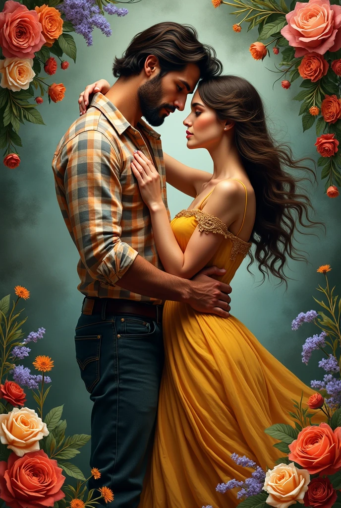 A manly person with checkered shirt and other clothes dancing with a beautiful woman. Book cover style with flowers in the 4 corners and a beautiful background.