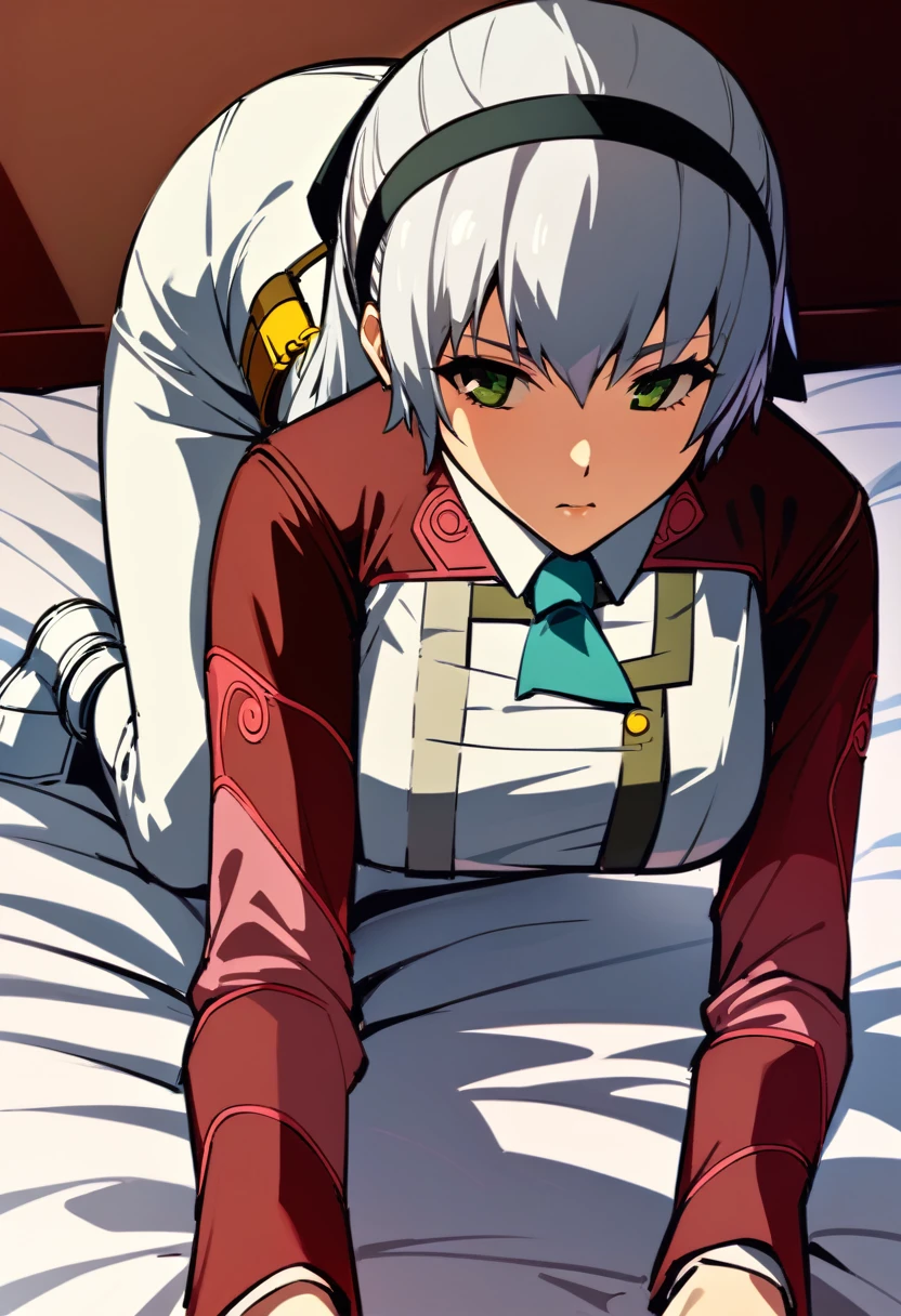 Alone, 1 girl, Elie MacDowell, Chapped lips, All fours, black headband, hair band, by the wide, green eyes, comforter, uniform, red long sleeves, White dress, tube skirt, belt, shackles, White boots, big breasts, masterpiece, Best Quality, classification: general, The newest one 