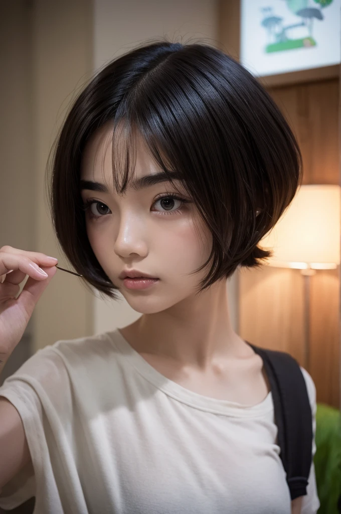 Thick eyebrows、Bob Hair、Childish、slender