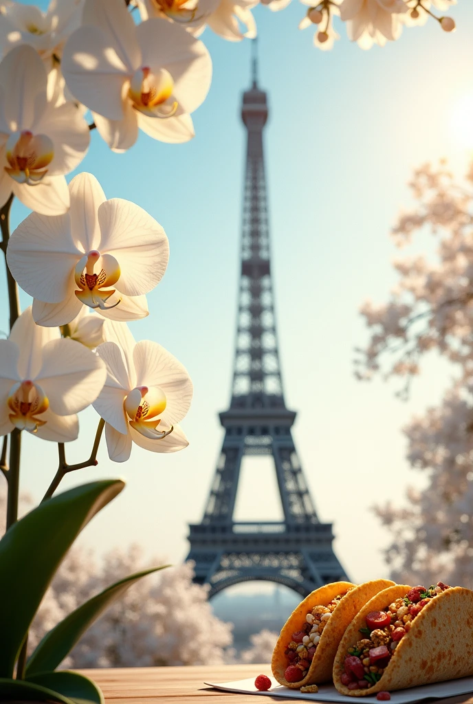 Create an image with the Eiffel Tower with white orchid flowers in front and tacos in the corner 