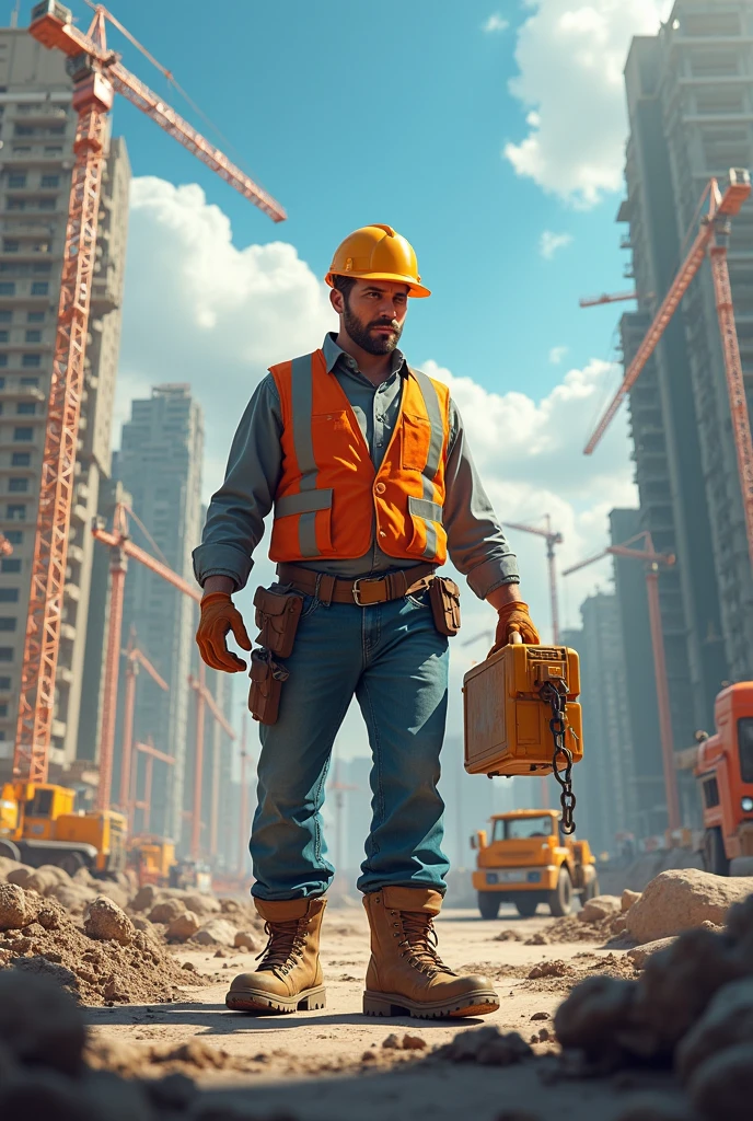 Make a very creative semi-realistic style image of what a worker can look like working safely on a civil construction site. More creative super mega creative crop