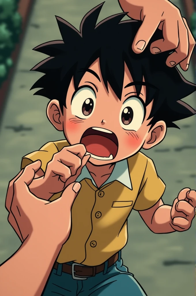 A boy who was escaping is caught by two hands that grab him tightly by his mouth and arm in retro anime style
