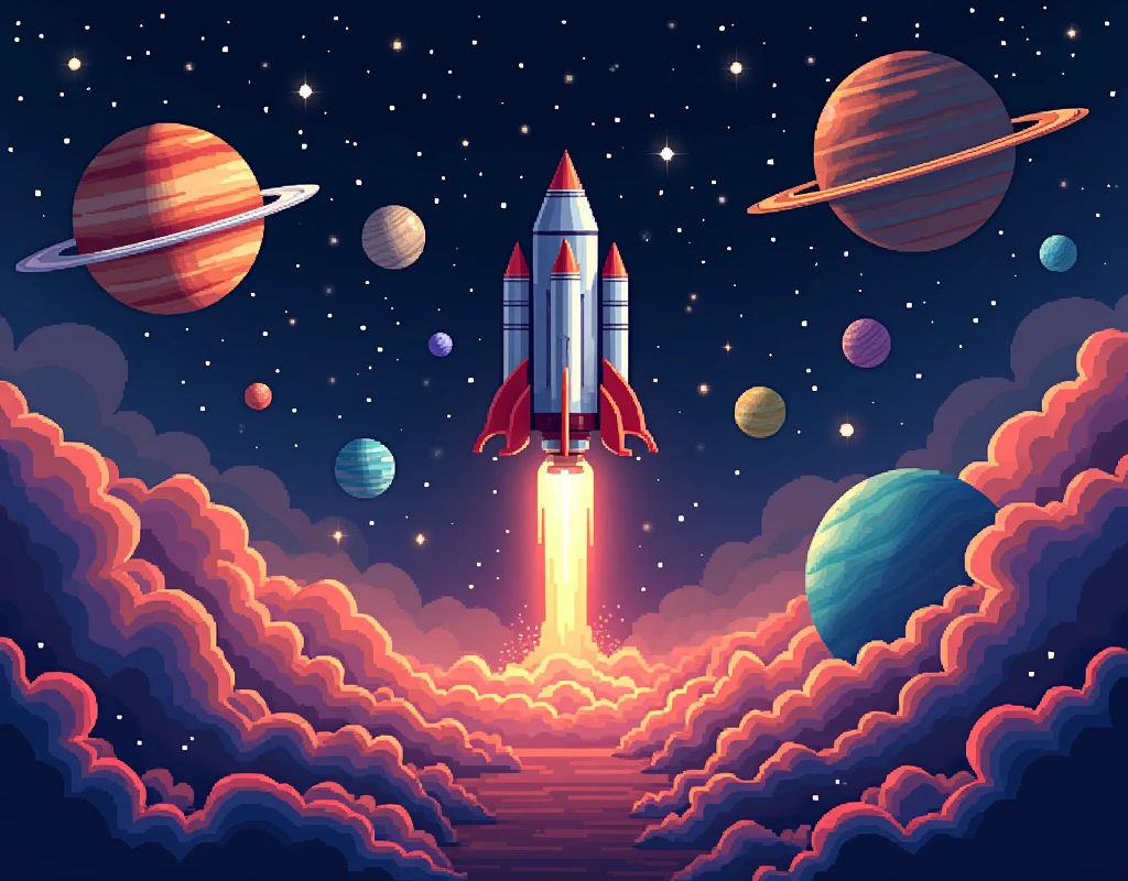 create an image of a rocket in space with planets in the background and stars this image has to be rectangular in 8 bit