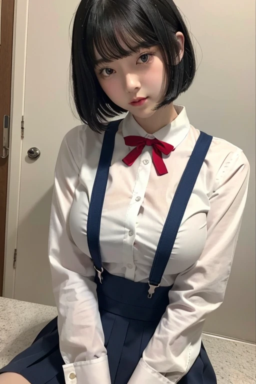 Black hair bob cut、White long sleeve shirt、Red ribbon、Navy blue skirt with suspenders、Wet Skin、Big Breasts