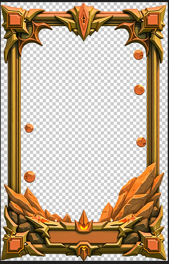 Design a 3D stylized card frame for an Earth-themed character, inspired by a sturdy and rugged aesthetic. The frame should have a strong, bold structure, similar to the fiery frame in the reference image. Replace the flame motifs with earthy elements such as rocks, boulders, and creeping vines. The top section of the frame should feature mountain peaks or stone carvings, while the sides can be adorned with subtle engraved runes representing the Earth element. The color palette should consist of earthy browns, mossy greens, and muted golds, with glowing rock effects around the edges. The bottom section of the frame should include a nameplate designed to look like it’s carved from stone, with the text in a rugged, earthy font. The overall design should exude the power and stability of the Earth element while providing space for character art and stats. Ensure the frame is detailed and visually striking, similar to the style of the fiery frame, but with a focus on Earth-themed elements.