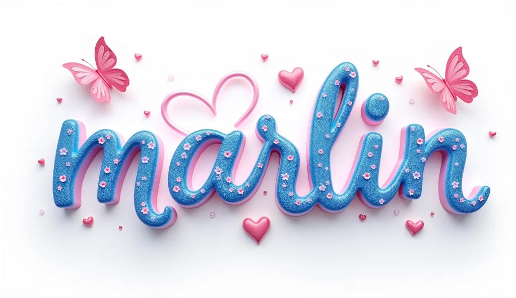 A vibrant and colorful 3D render of the word "Marlin.Caligraphy font The letters are adorned with sparkling embellishments glossy and are in varying shades of  blue and pink. The design is further embellished with decorative elements like butterflies, hearts, and swirls. The word "Jiali" is positioned centrally, with the butterflies and hearts surrounding it, giving it a whimsical and feminine feel. The background is a white color