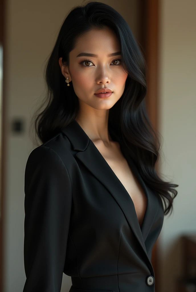"full-body, Akiko, age 40, mature milf, super sexy, a tall, elegant woman with long, silky black hair cascading over her shoulders, almond-shaped eyes reflecting wisdom in a deep shade of brown, delicate and well-balanced facial features contributing to her beauty, slender figure, posture exuding grace and discipline, typically dressed in sophisticated yet understated clothing, reflecting her composed personality, in a photorealistic image, refined fashion photography style, full body shot, 70mm lens, subtle and elegant lighting, high resolution 8K, capturing her grace, discipline, and understated sophistication (refined fashion photography:1.4), (grace and discipline:1.3), (subtle and elegant lighting:1.2)"